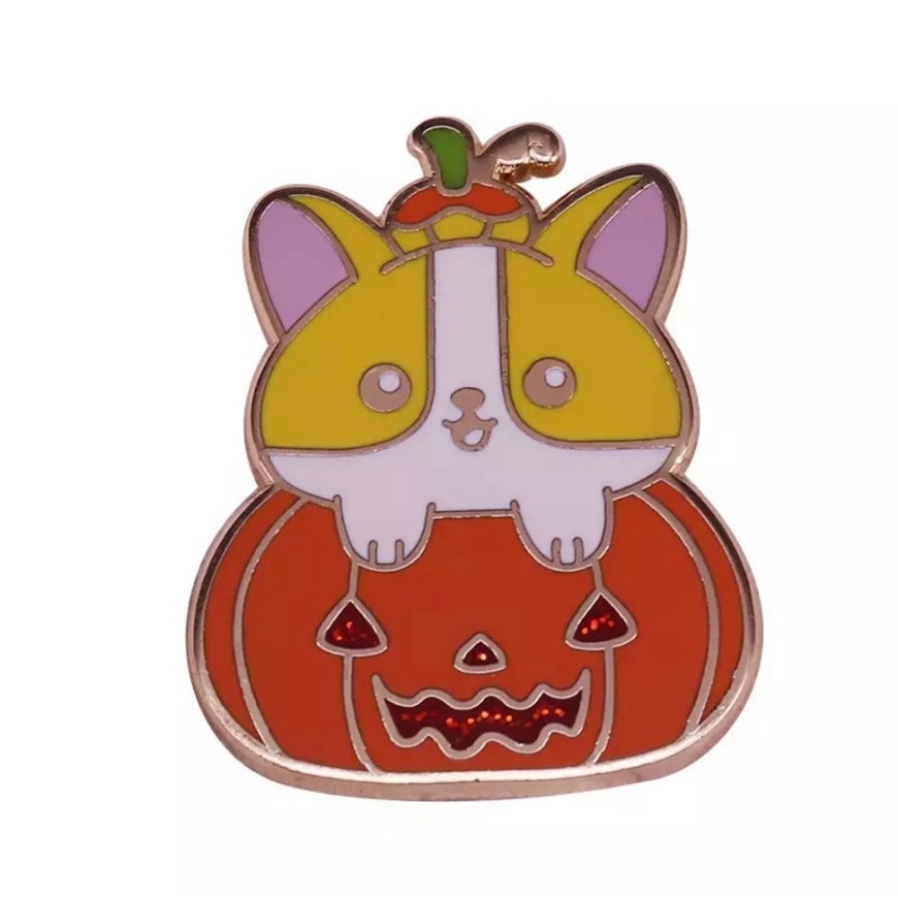 Adorable Puppy Dog and Pumpkin Halloween Enamel Pin